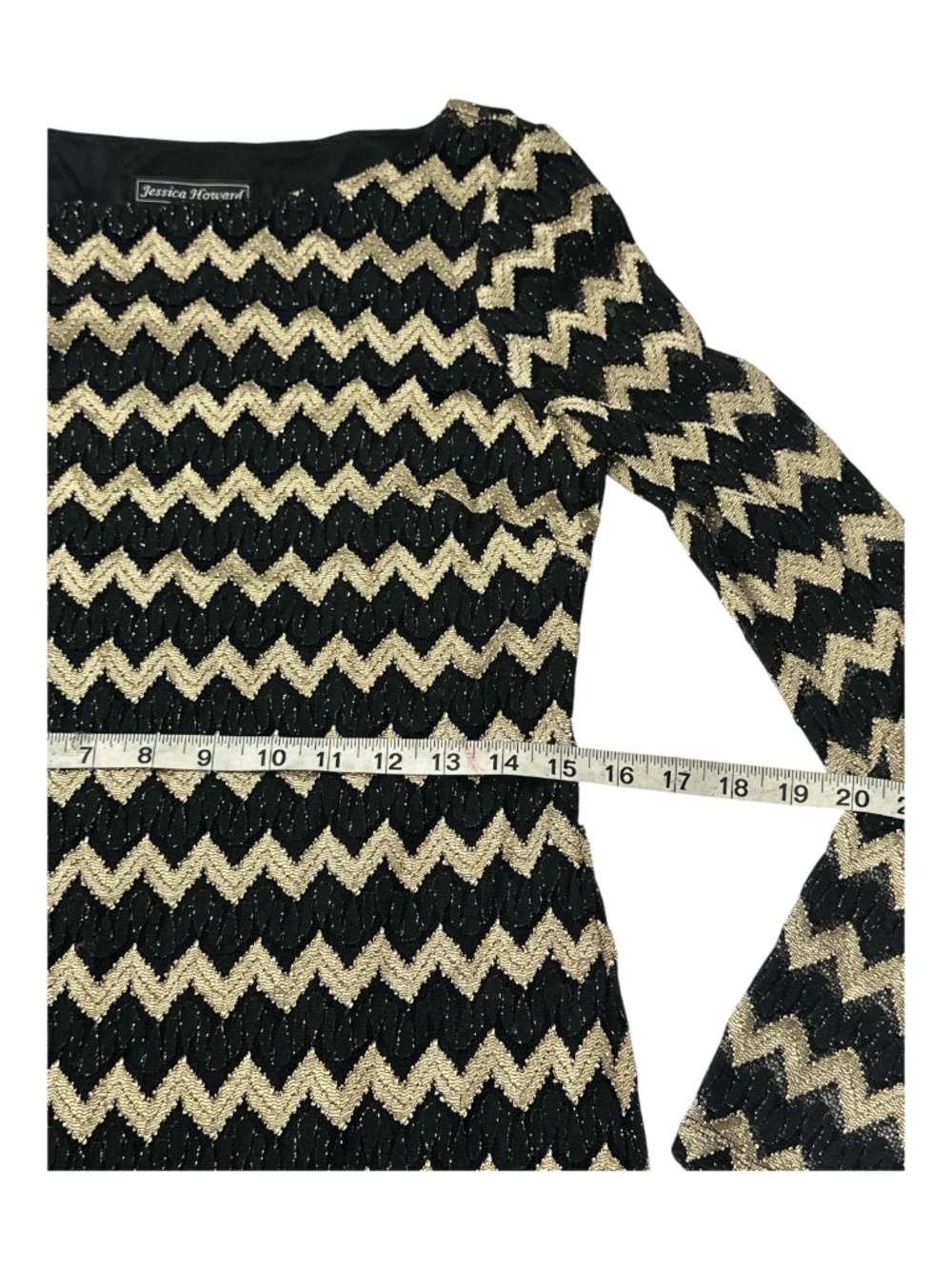 Jessica Howard Black Gold Chevron Lace Dress Size 8 Metallic Long Sleeve - Picture 5 of 10
